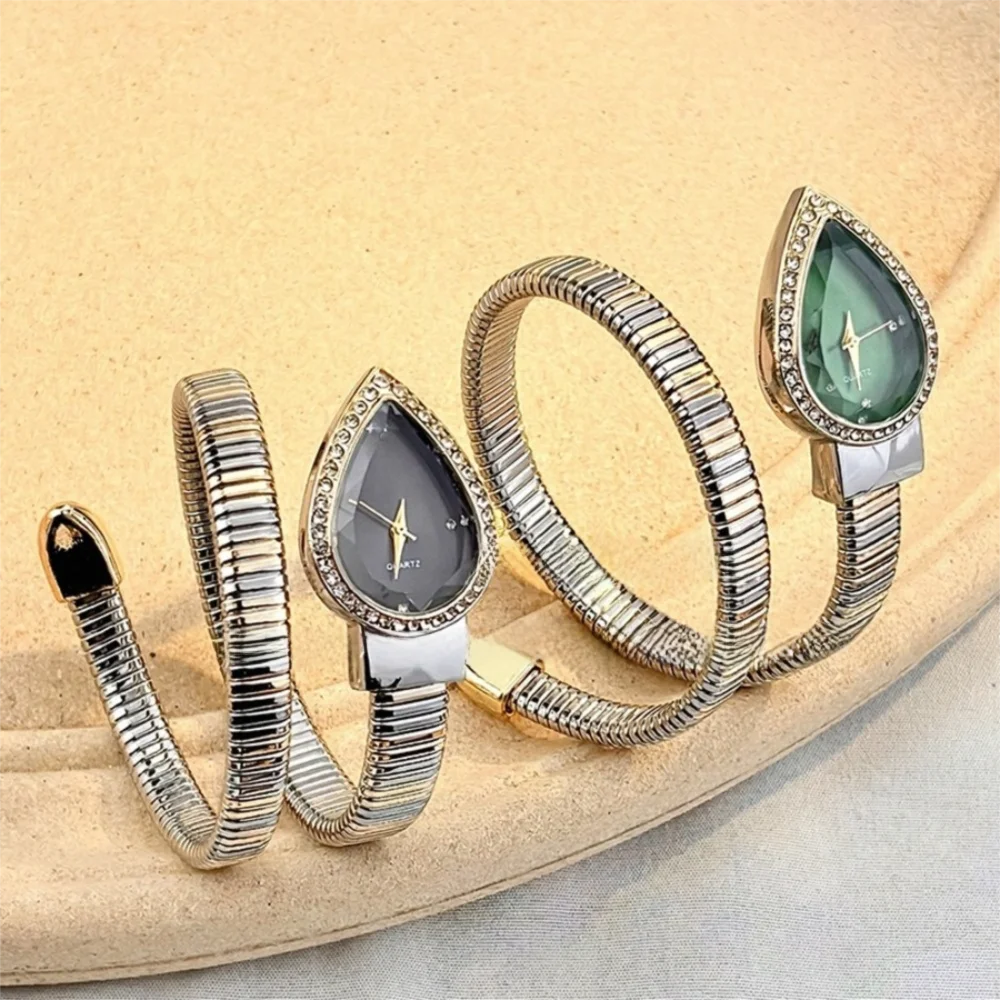 Creative Water Drop Headed Quartz Watch Stainless Steel Strap Elegant Wristwatch Bracelet Snake-shaped Band Watch Women's Watch