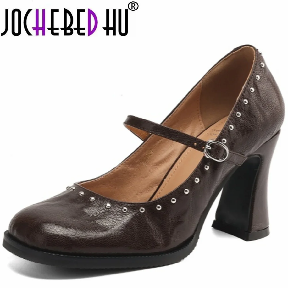 

【JOCHEBED HU】Женские туфли ручной работы из натуральной кожи, туфли-лодочки на массивном каблуке с одним ремешком и пряжкой, туфли Мэри Джейн в стиле ретро, размеры 33-40