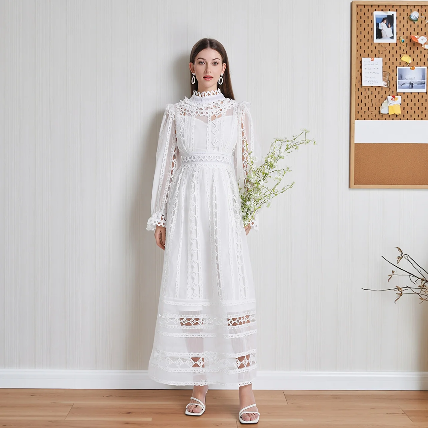 Elegant Embroidered Princess Dress with Lace Hollow out Design in White And Black for Women's Street Style And Performances