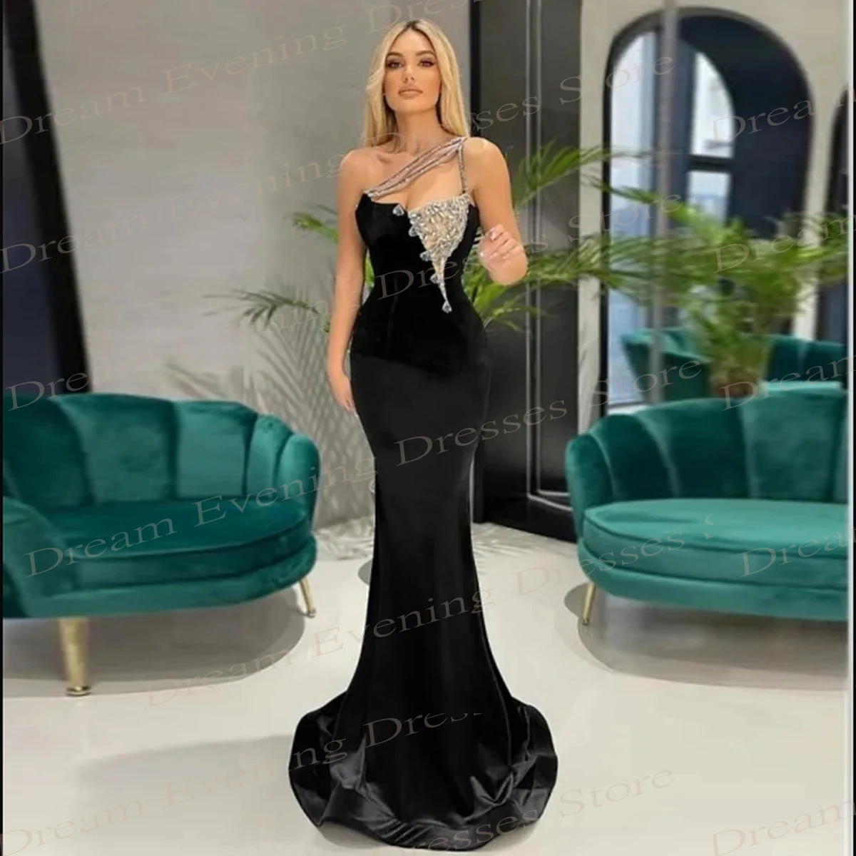 Elegante schwarze Meerjungfrau sexy anmutige Abendkleider moderne eine Schulter ärmellose Ballkleider glänzende Kristalle vestido de festa