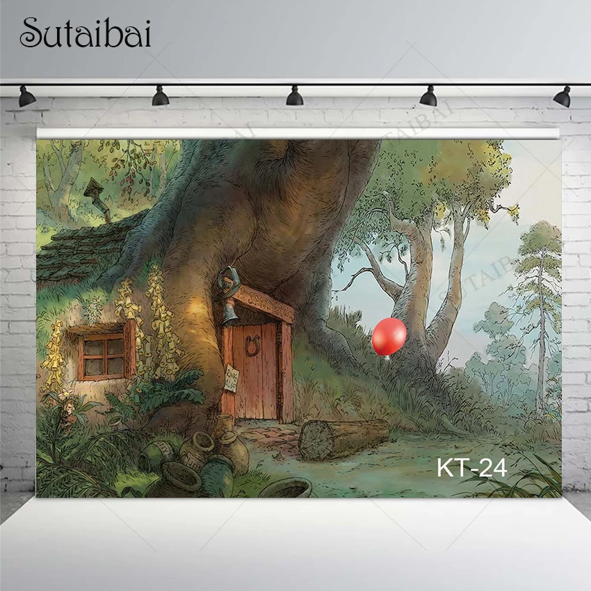 

Tree Cave House Theme Photography Backgrounds Red Balloons Baby 1st Birthday Party Celebration Decorate Room Personalized Banner