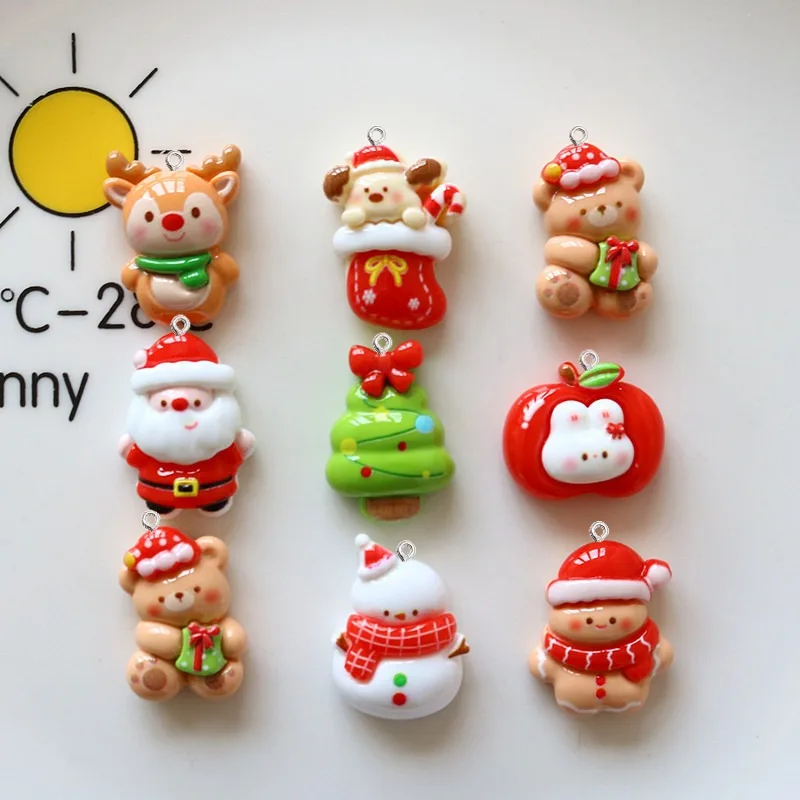 10Pcs Cute Christmas Planar Resin Pendants Santa Bear Snowman Charms for DIY Keychain Earrings Jewelry Making Crafts Accessories