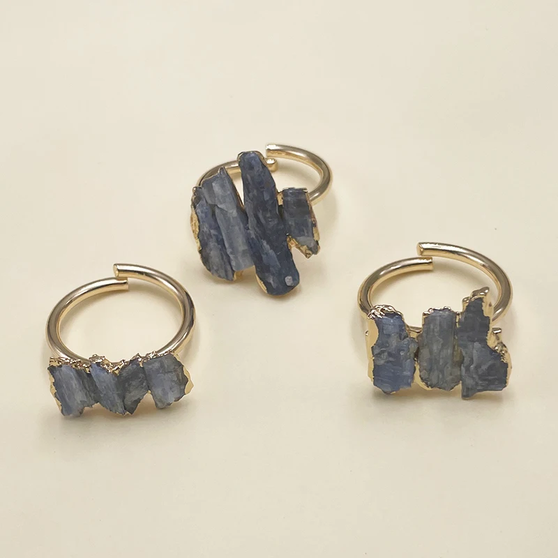 Multiple Raw Blue Kyanite Open Ring for Women Girls Gold Color Irregular Rough Stone Finger Jewelry Resizable Small Size