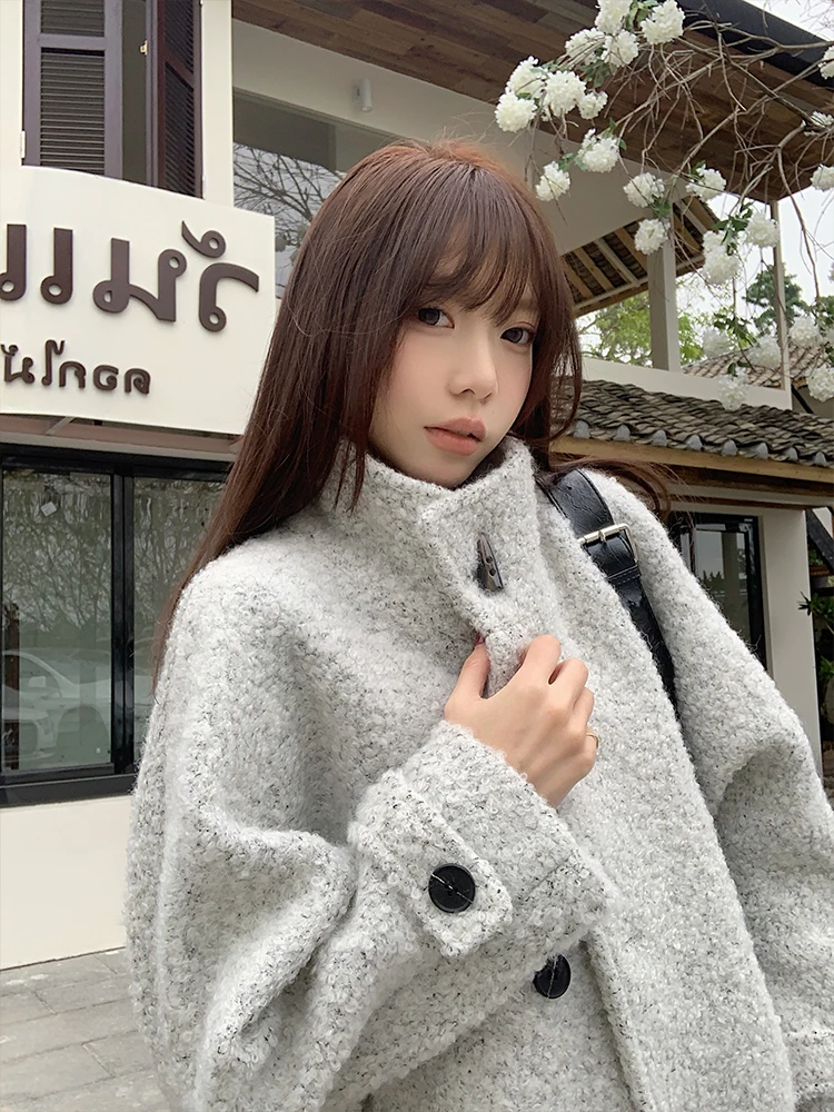 MosesQueen Grey Stand Collar Thickened Woolen Coat Warm Loose Winter Outerwear for Women Standard Fit Long Sleeve Button Closure