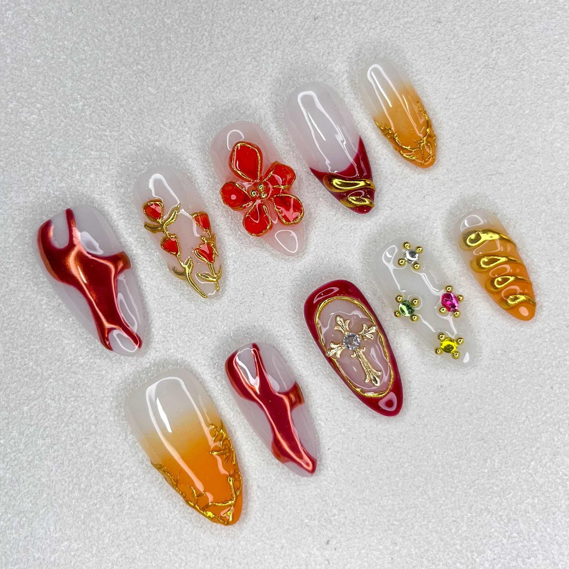 Handmade Press on Nails 3D Floral Relief Design Mandarin Duck Series Almond Length Cute Female Hand Decoration