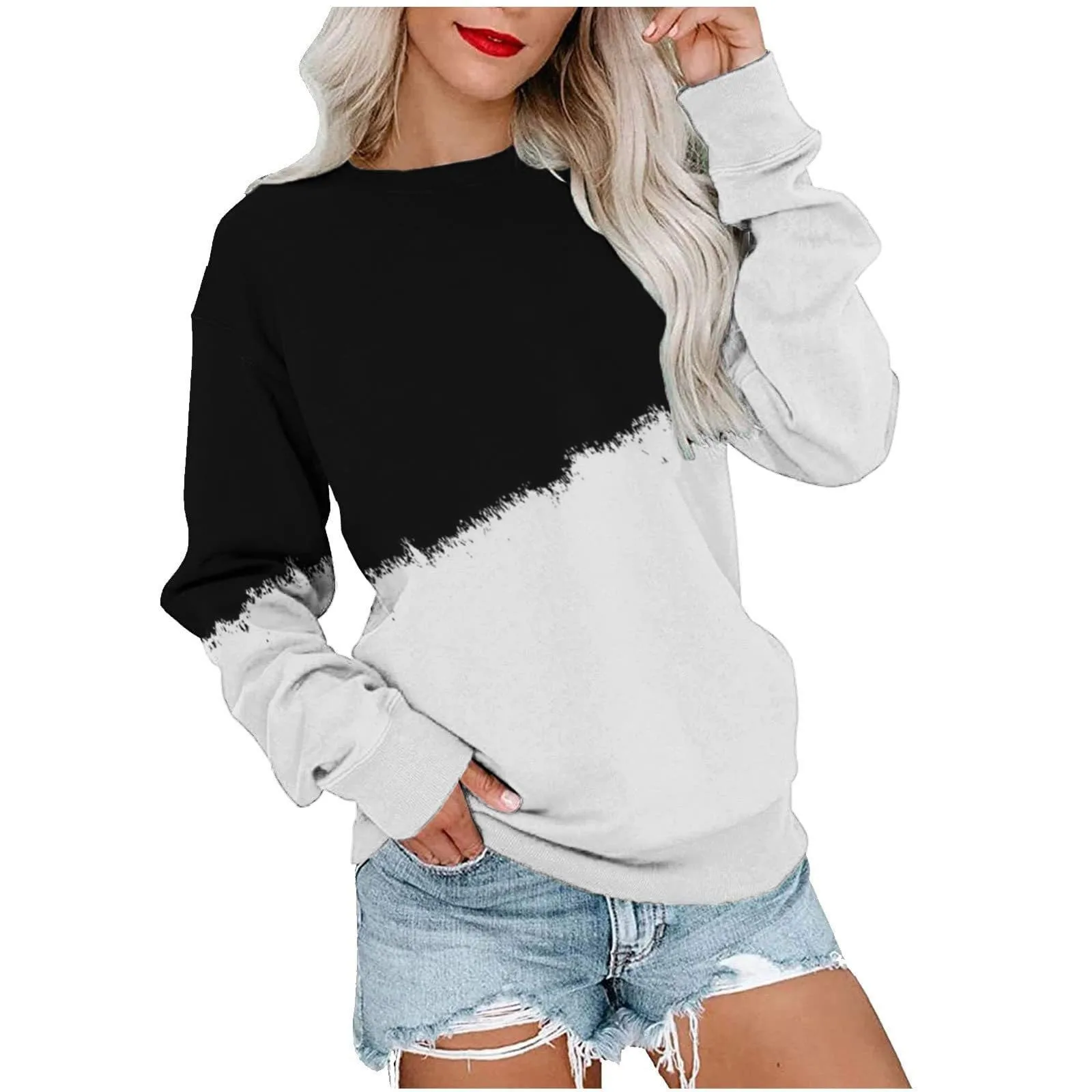 

2024 Autumn and Winter New Gradual Color 3D Digital Printing Casual Loose Women's Crew-neck Hoodie