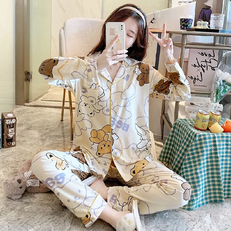 2PCS/Set Women\'s Pajamas Long-Sleeved Cardigan Autumn Winter Loose Casual Homewear Cherry Cartoon Bear Pattern Sweet Kawaii Girl