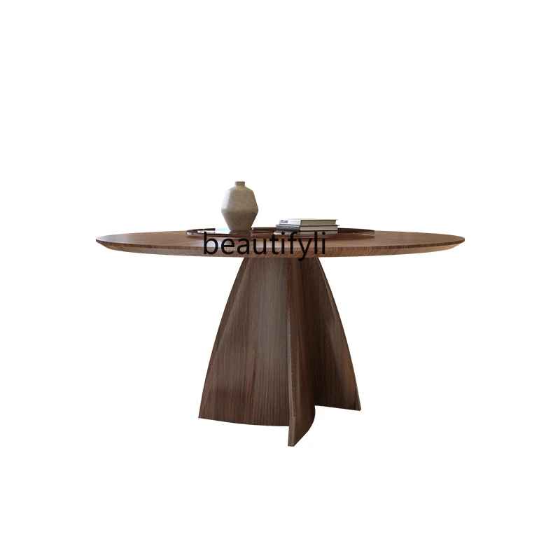 

Solid wood dining table round small apartment family restaurant medieval walnut dining table with turntable high-end