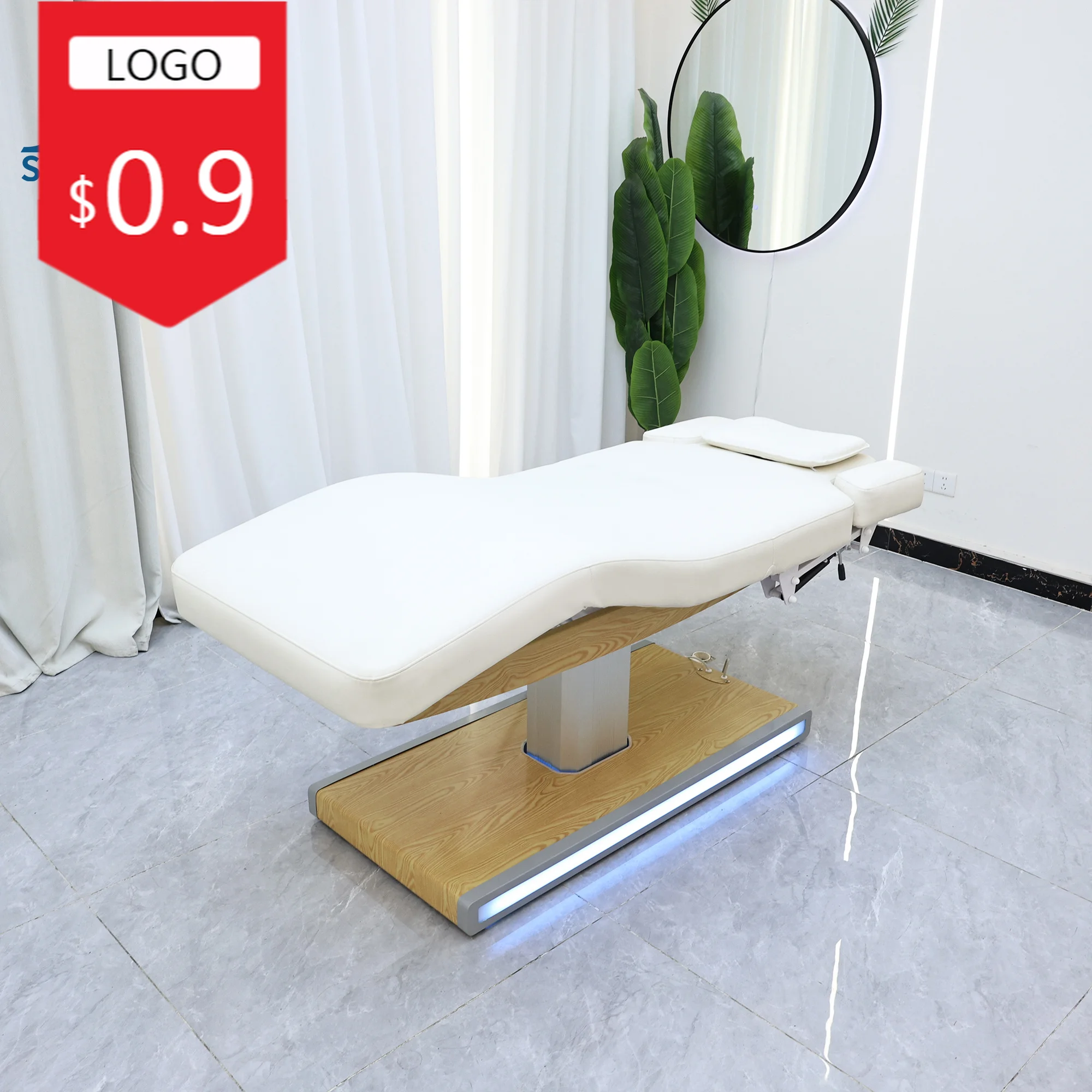 Electric Facial Bed White PU Wood Grain Base Single Aluminum Column Lift LED Ambient Light Reclining Beauty Massage Table With T