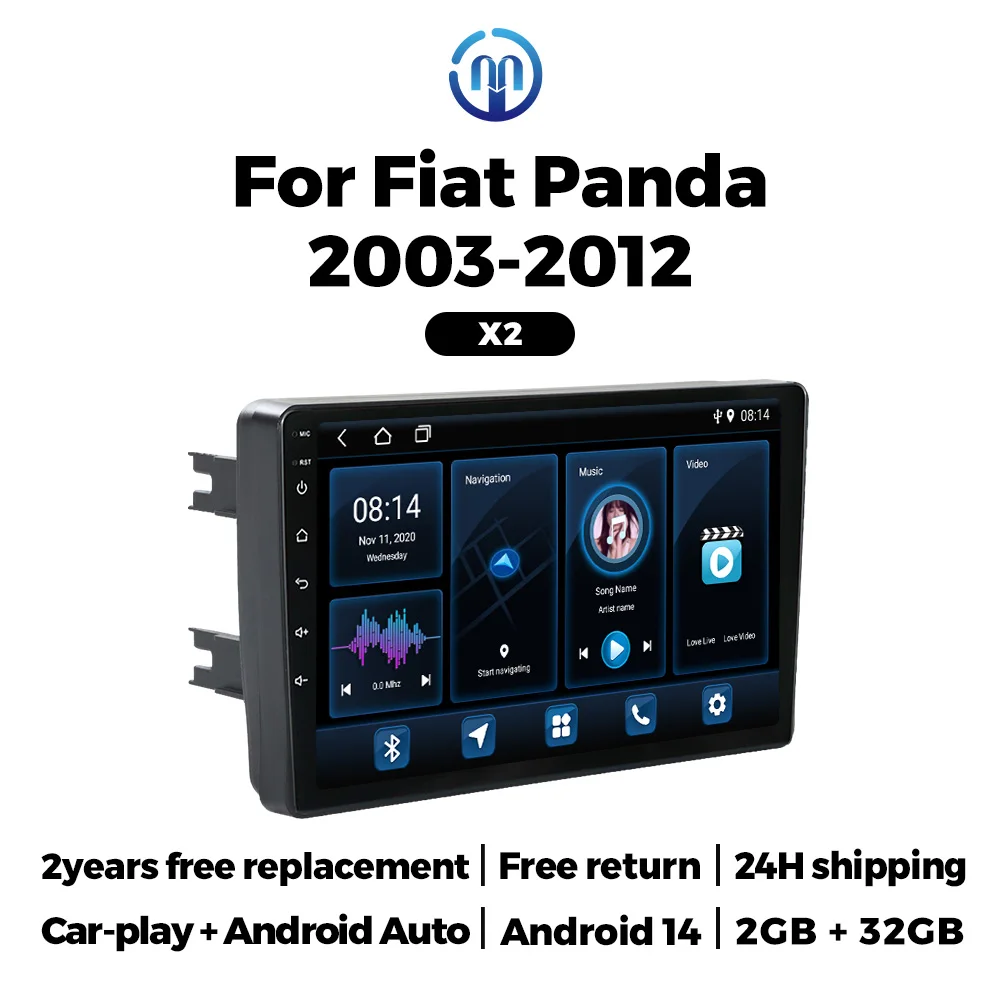 NaviFly Car Radio Android 14 For Fiat Panda 169 2003 - 2012 Carplay Auto GPS Navigation Stereo 2 Din Multimedia Player