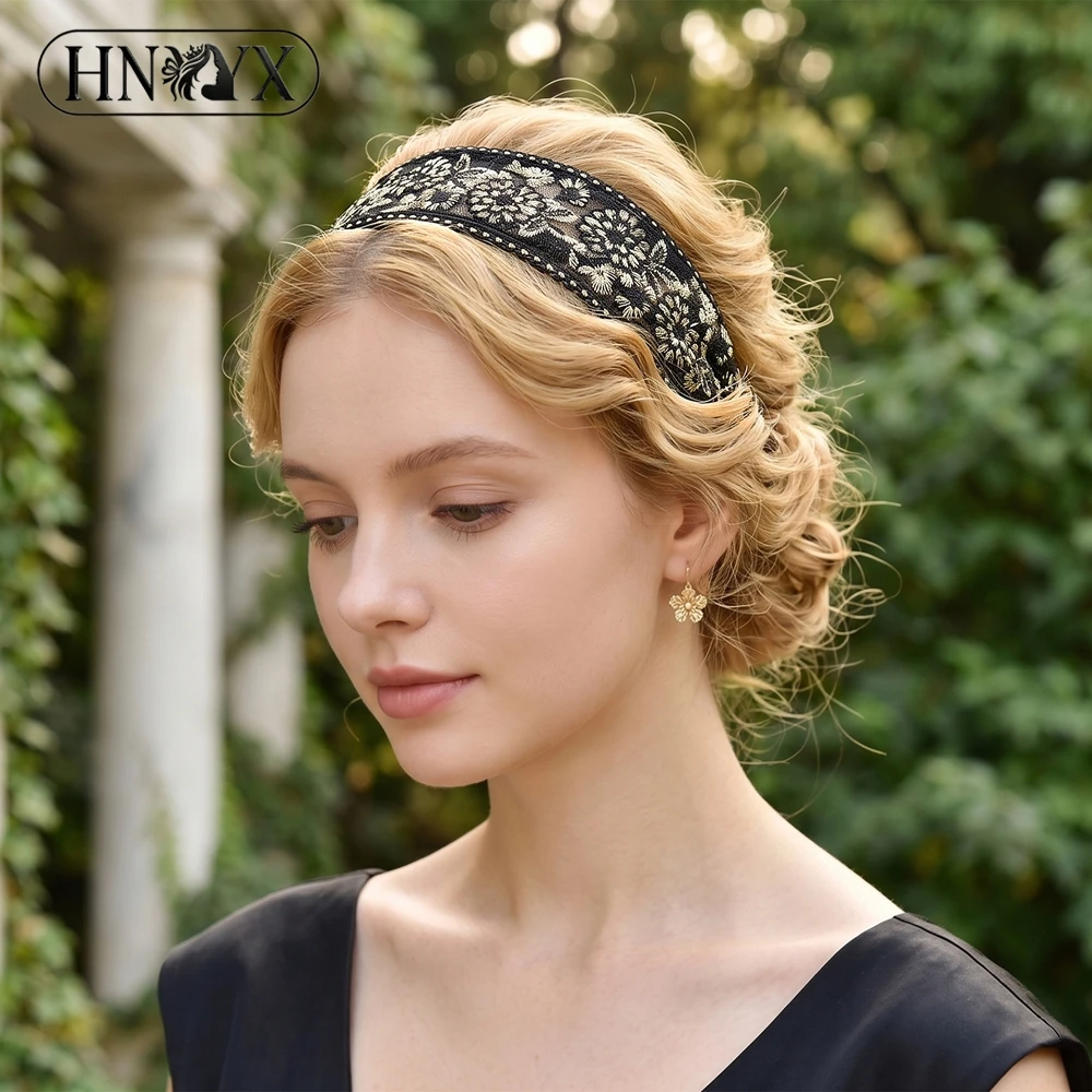 HNYYX Vintage Black Gold Lace Embroidery Headband for Women Wide Brim Non slip Hair Hoop Banquet Party Hair Accessories A431