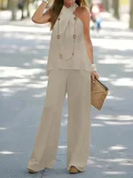 2026 New Women  Two Piece Set Women's Matching Sets Twist Halter Neck Sleeveless Wide Leg Pants Casual Summer Vacation Outfits - Image 5