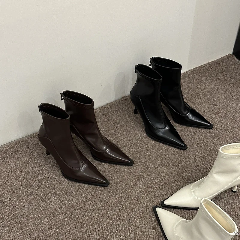 Botines ajustados para mujer, zapatos elegantes de punta estrecha, tacón alto fino, a la moda, Otoño e Invierno