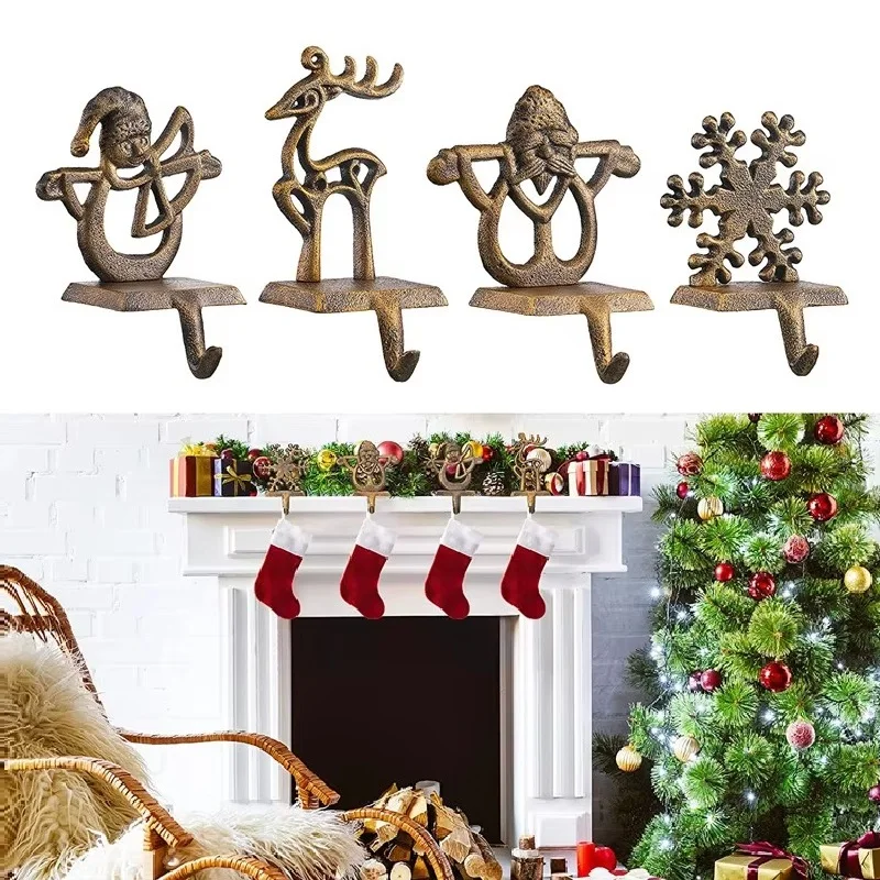 2PCS Christmas Stocking Holders Hook Set for Fireplace Mantle Metal Snowman Santa Snowflake Reindeer Free Standing Stocking Hook