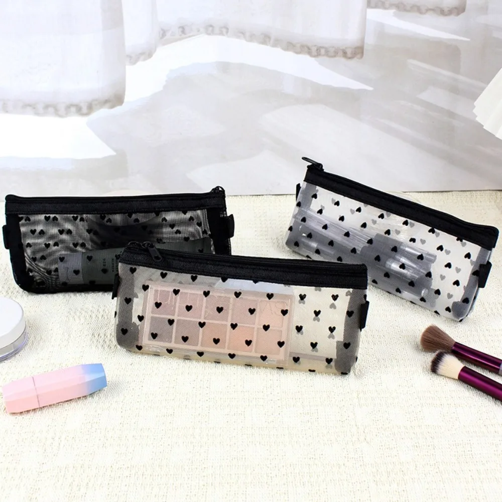 Portable Transparent Cosmetic Bag Zipper Black Heart Printed Makeup Bags Mesh Pen Case Pouch