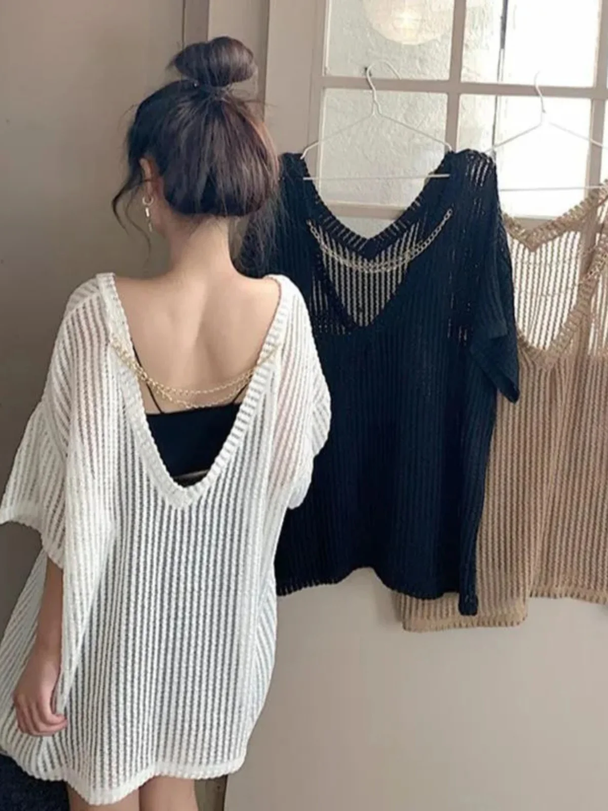 

plus Size Women's Sexy Hollow out T-Shirt Loose Fit Short Sleeve Backless Top for Summer Korean Style And Pear Body Types