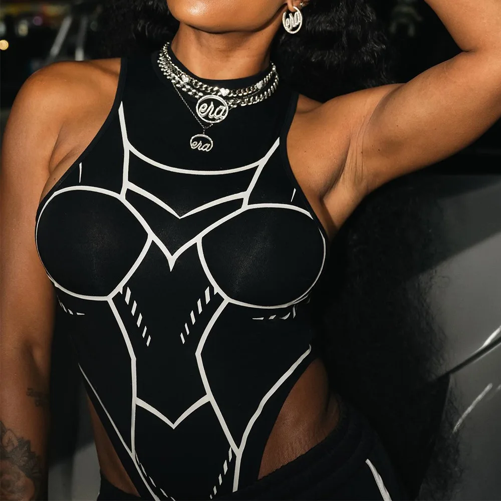 black bodysuit women clothes spring summer sexy sleeveless crew neck contrast color onesie jumpsuit bodycon rompers high waist