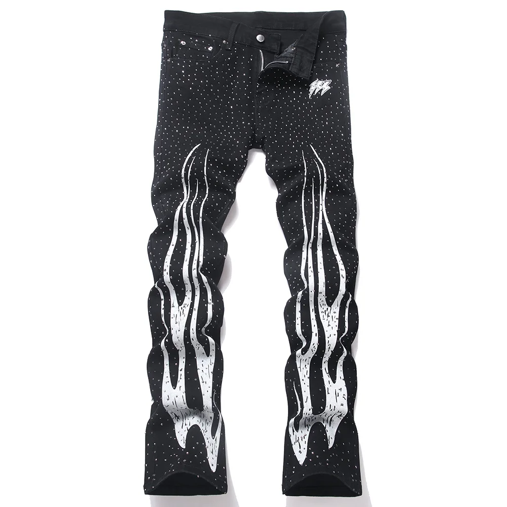 Men's Crystal Bootcut Denim Jeans Streetwear Flame Lightning Print Pants Fashion Punk Black Stretch Slim Flared Trousers