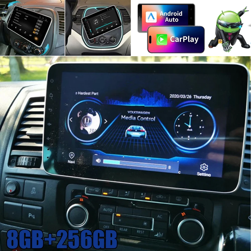 1Din Rotable 10 inch Android 15 Car Radio MP3 multimedia Player GPS Navigation Wireless Carplay Auto video player BT 4G+WIFI