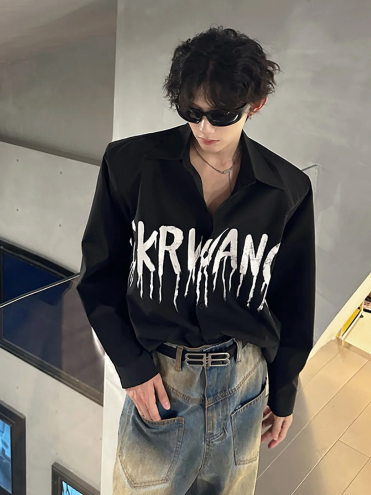 

Men's Long Sve Printed irt Ink Splatter Letter Design High-End Feeling White irt Trendy Korean Sle Loose Fit Breatha...