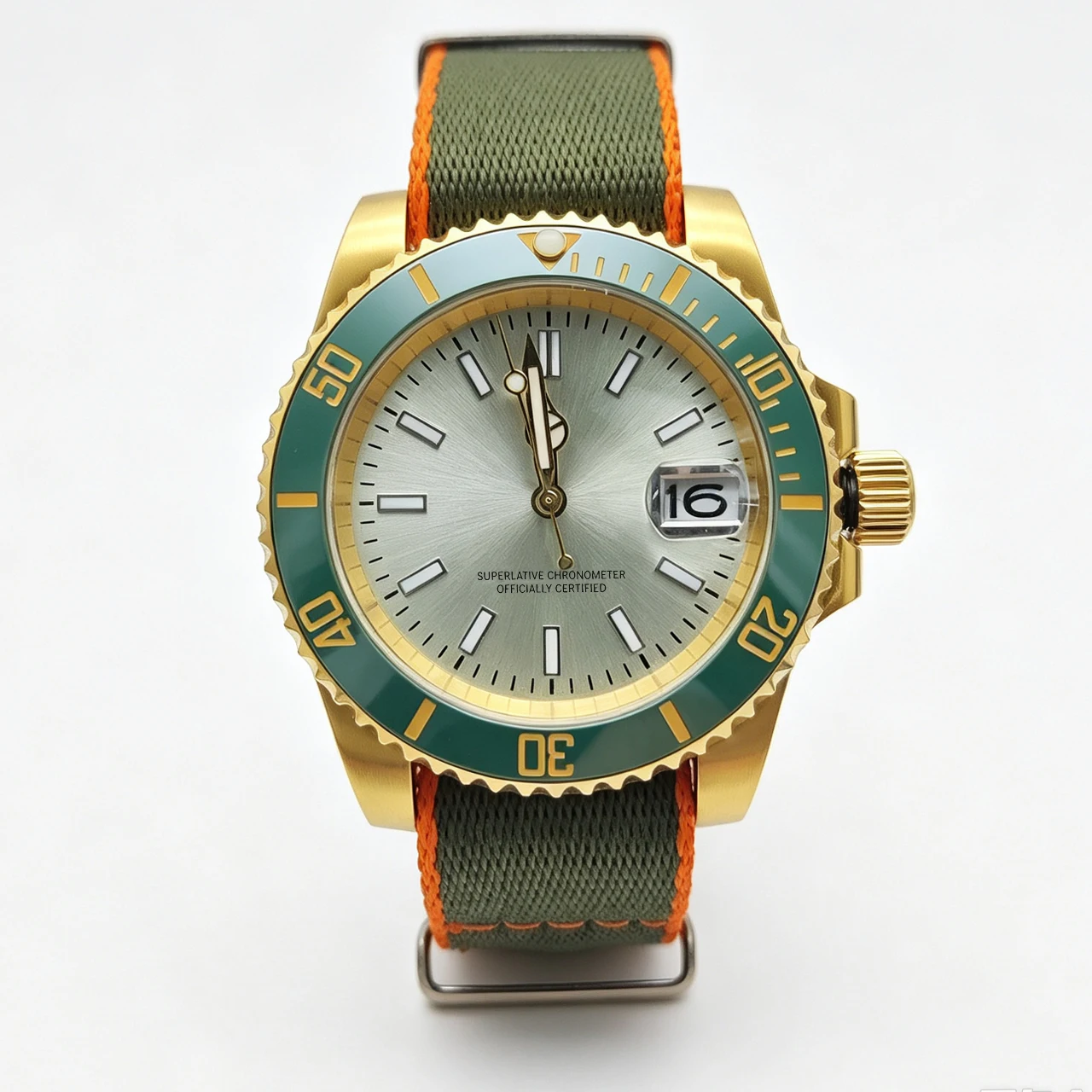 40mm NH35 Gold Gradient Men's Watch, Mineral Crystal Solid Caseback Luminous Nylon Strap, Hot Sale Casual Daily Watch
