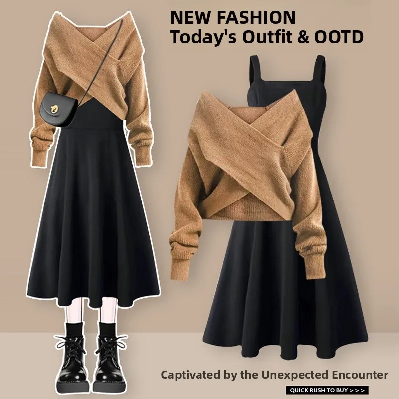 

Hebe Sle Women's Slim Fit Long Dr Cross Design Sweater Two Piece Set Autumn New Arrival Casual High Waist A-Line Skirt