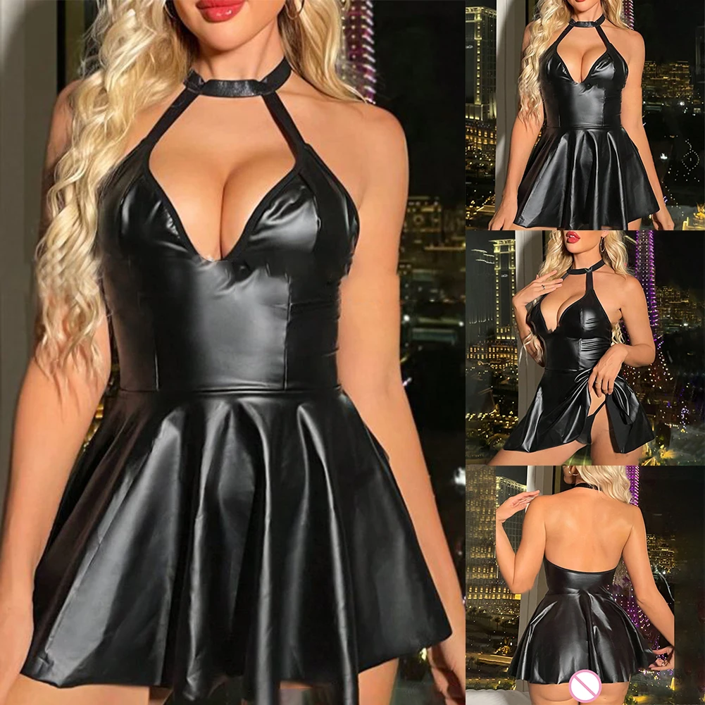 

Female Halter Neck,Wet Look Skater Split Dress Flare Dress Party Cocktail Club Butt Lift Nightwear Pajamas Nightdress