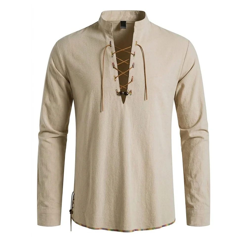 Men's Henley Neck Medieval Shirt Retro Viking Pirate Lace Up Tops Long Sleeve Cotton Lightwieght Party Gothic Style Tees
