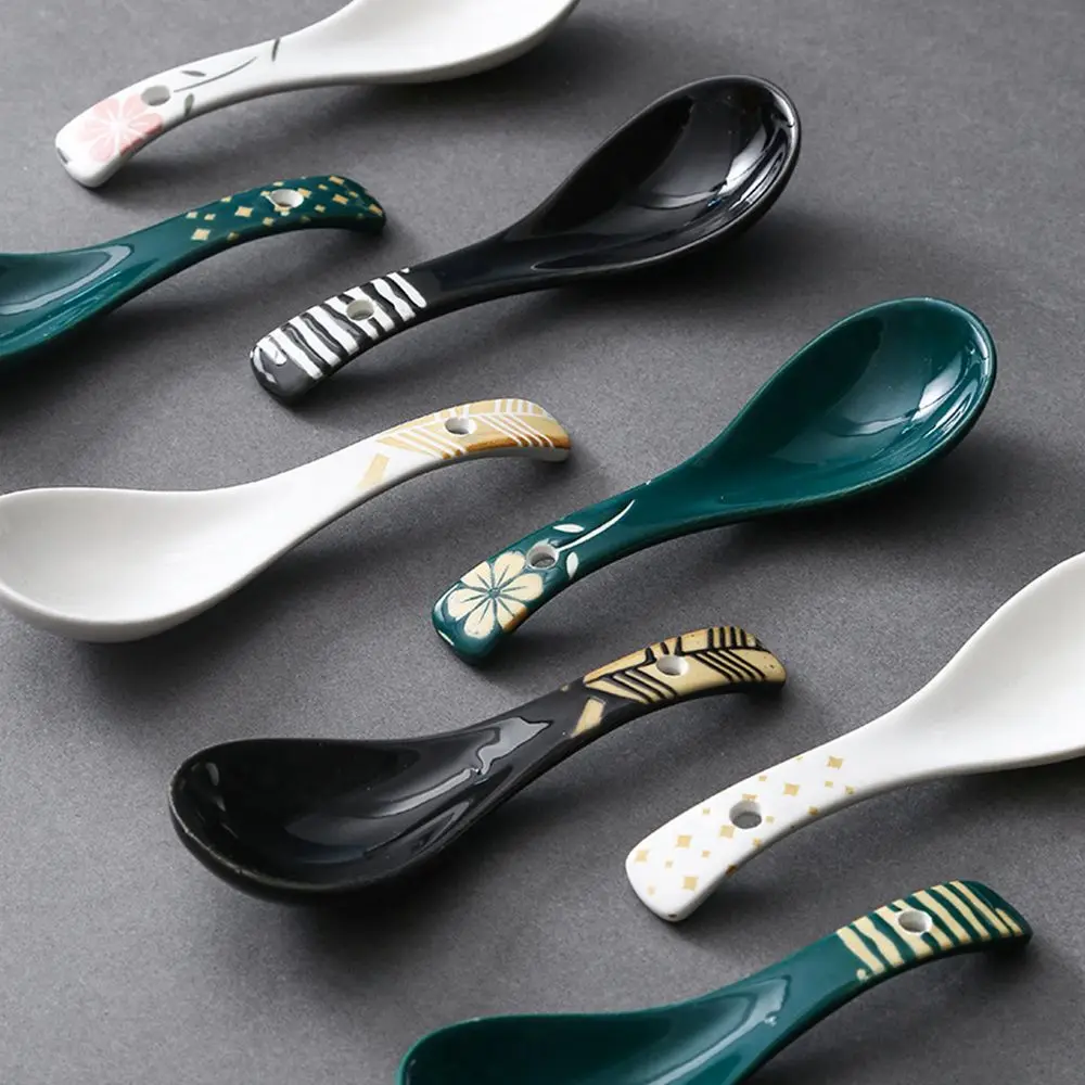 Creative Japanese Style Ceramic Hand-painted Soup Spoon Home Restaurant Retro Simple Tableware Decoration Drink Soup Spoon