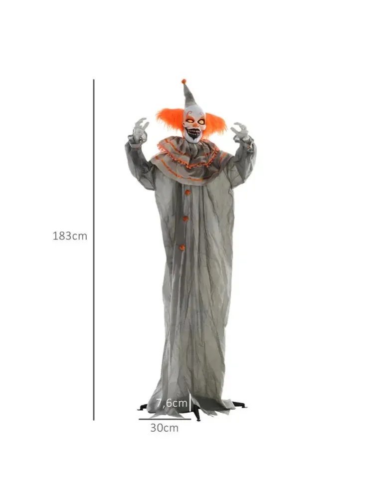 Animowana dekoracja na Halloween w kształcie klauna, pomarańczowa tkanina, ruchome ramiona, czerwone świecące oczy, idealna jako rekwizyt do domu strasznego, do użytku wewnątrz i na zewnątrz. — 2