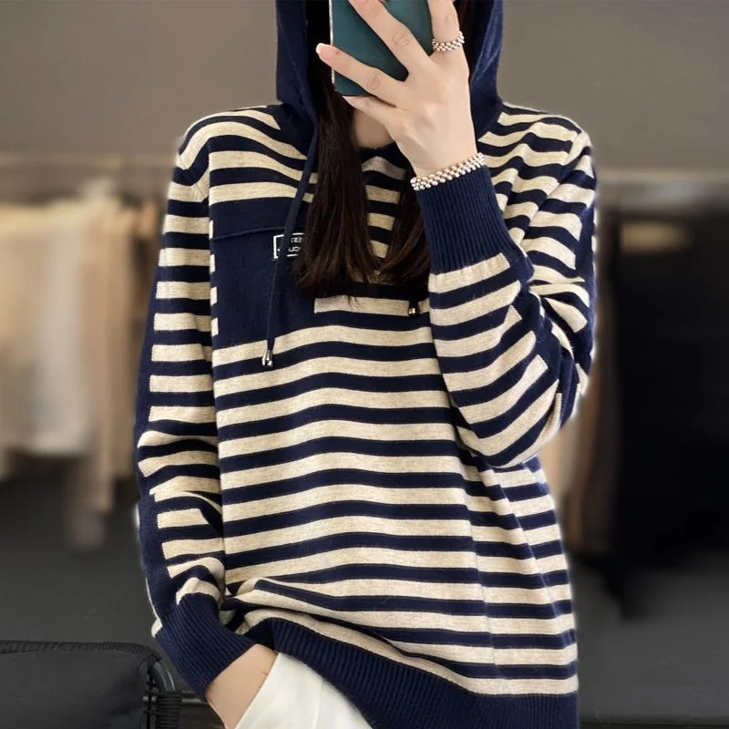 

Striped Hooded Sweater Loose Knitwear Slimming Fashionable Base Layer