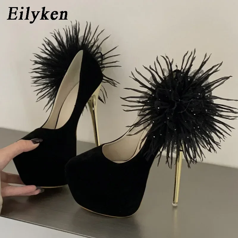 Eilyken Sexy Stiletto Ultra High Heels Platform Women Pumps Elegant Fluffy Feather Flower Banquet Prom Nightclub Catwalk Shoes