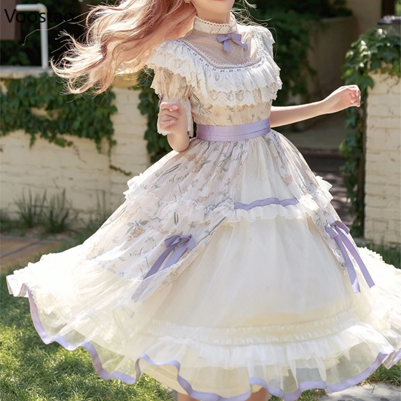 Japanese Sweet Lolita Princess OP Dress Women Victorian Vintage Wedding Party Dresses Girls Elegant Lace Fairy Floral Dresses