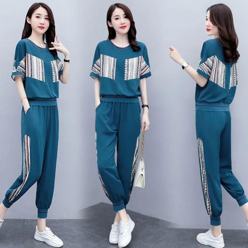 Sweat Suits For Women Two Set 2022 Spring And Summer New Fashion Casual Korean Clothes Short Sleeve Top Pants Women\'s Tracksuit