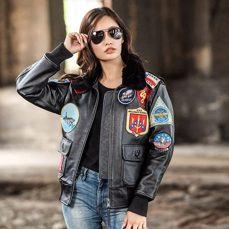 Preto superior arma piloto jaqueta de couro feminino estilo militar gola lã genuíno natural couro g1 casaco de vôo