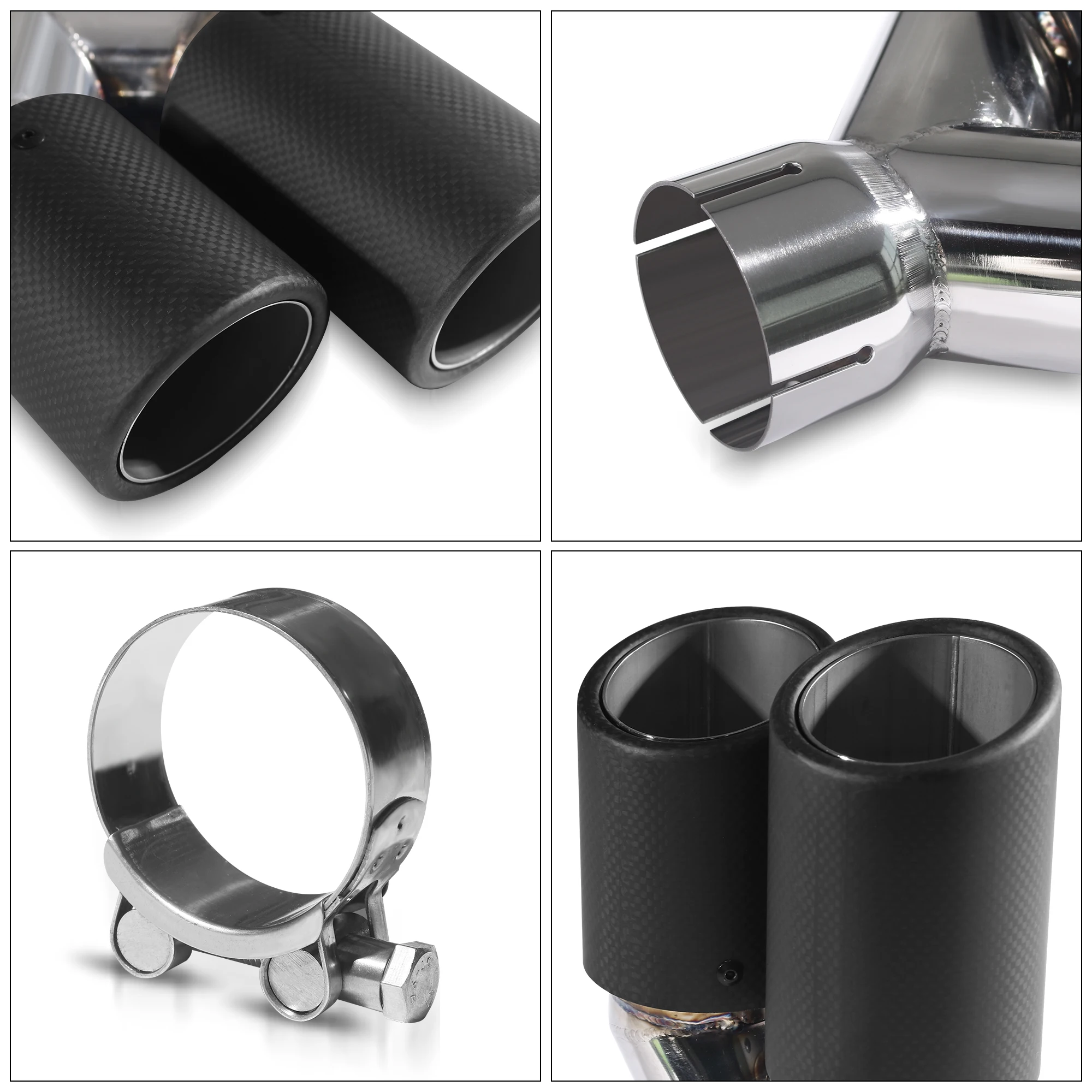 Universal Exhaust Tip Pack of 2 Carbon Fiber Y-Pipe Matt Finish Stainless Steel Pipe Catback Exhaust System Nozzle Cutout