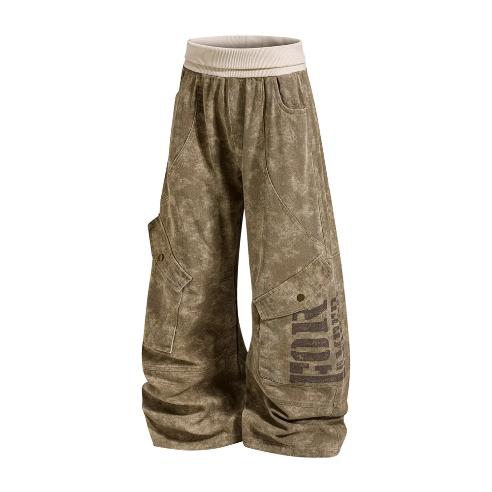 MWJLPWQ Tie-Dye Camouflage Trousers For Men Multi-Pocket Trendy Curved Design Large Pockets Wide-Leg High-Waisted Pants 20253
