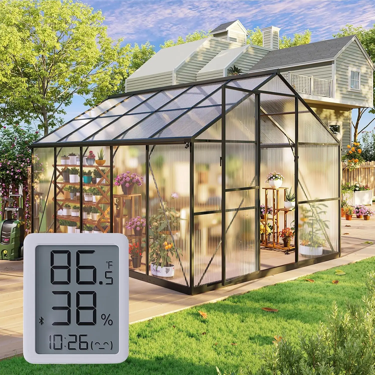 8x10FT Greenhouse Kits with Hygrometer, Polycarbonate Green Houses for Outside Heavy Duty , Walk in Greenhouses