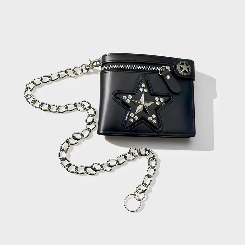 Men's Punk-Style Five-Pointed Star Metal Chain Wallet, Black Double-Fold Card Case, Cool Rivet Decoration Wallet