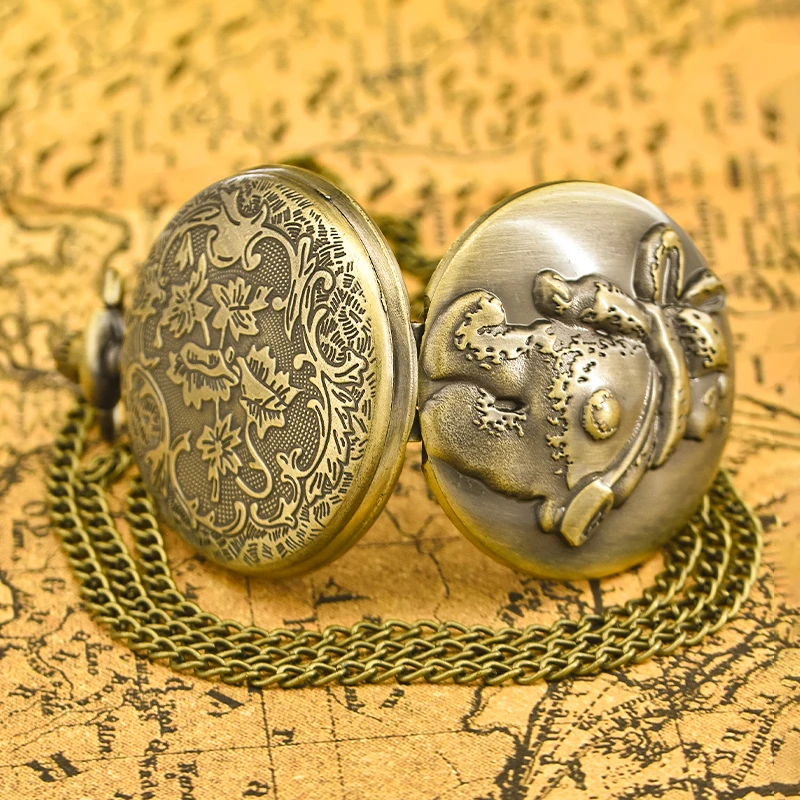 빈티지 청동 Steampunk 동물 곰 조각 된 석영 주머니 시계 목걸이 펜던트 시계 체인 남성 여성 체인 선물