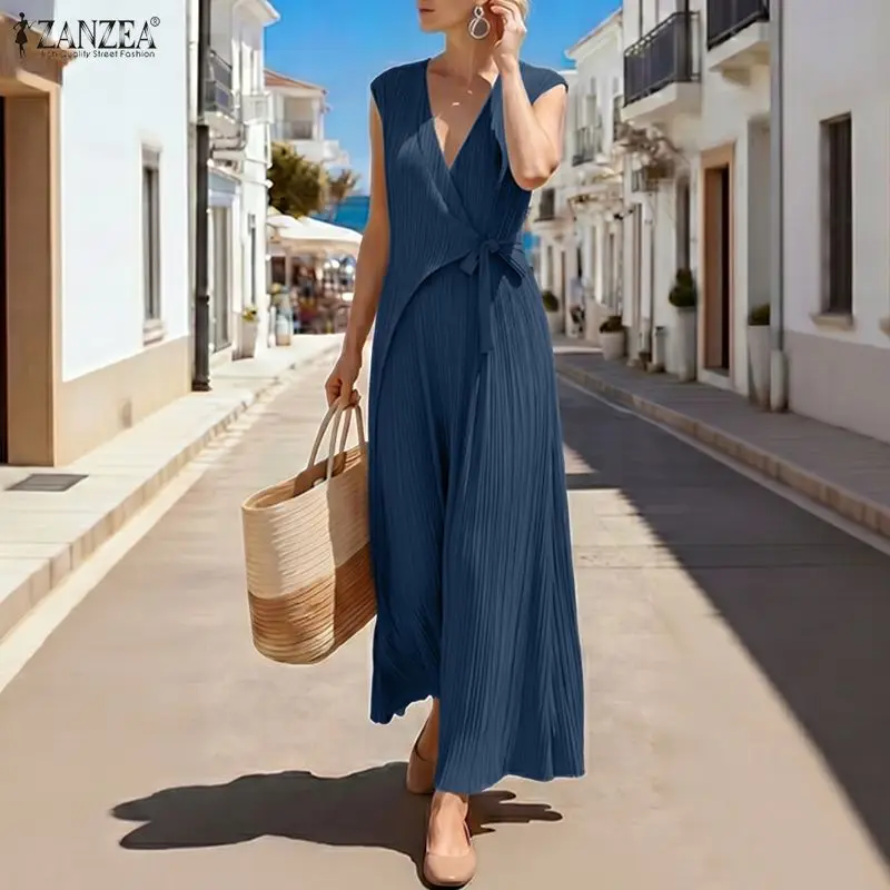 

Elegant ZANZEA Summer Women Dress V Neck Lac-up Long Maxi Dresses OL Work Party Vestidos Streetwear Casual Sundress Oversize 3XL