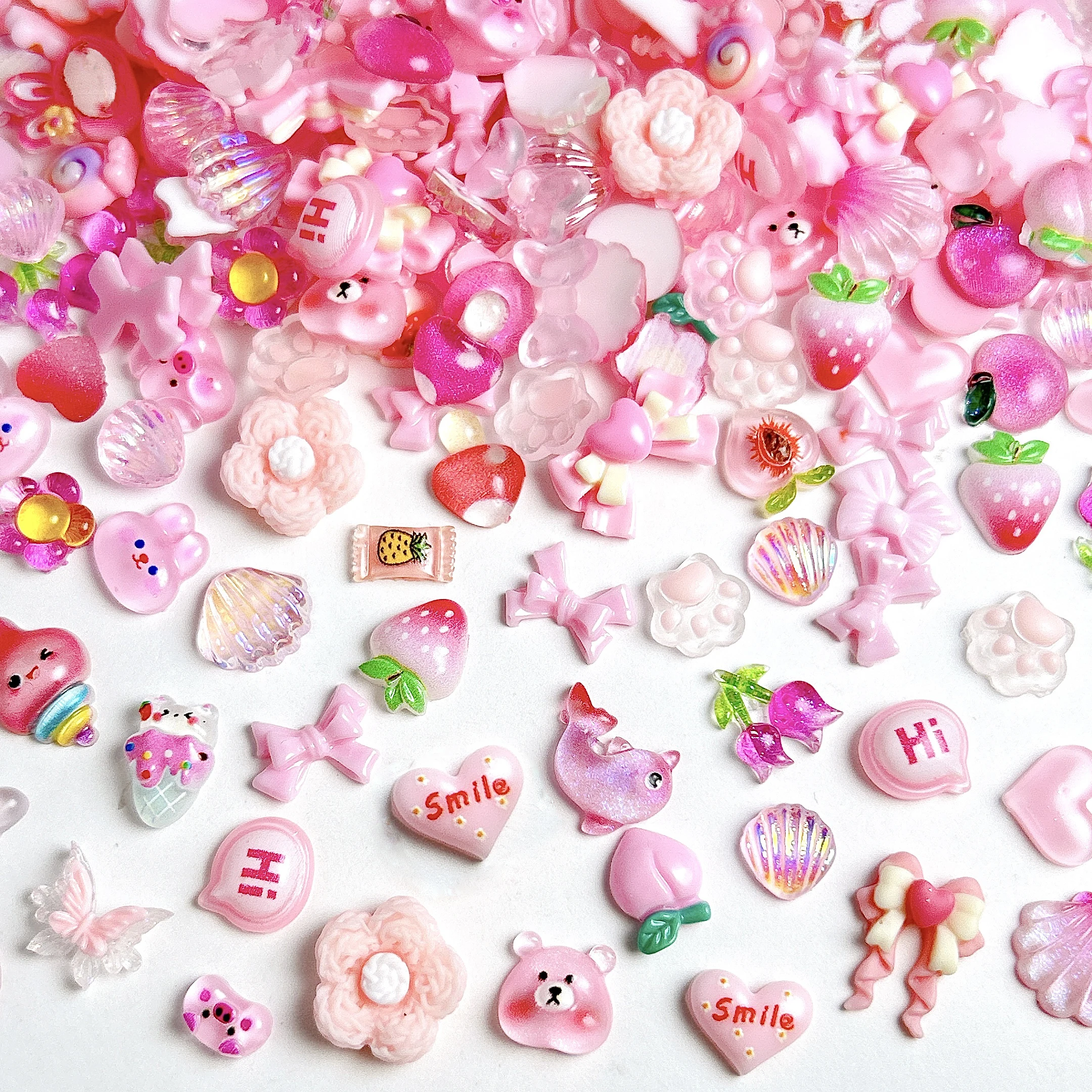 30PCS Random Mixed Pink Series Bow Peach Resin Nail Charms 3D Creative Sweet Flower Lollipop Mixed Nail Art Decorations for DIY