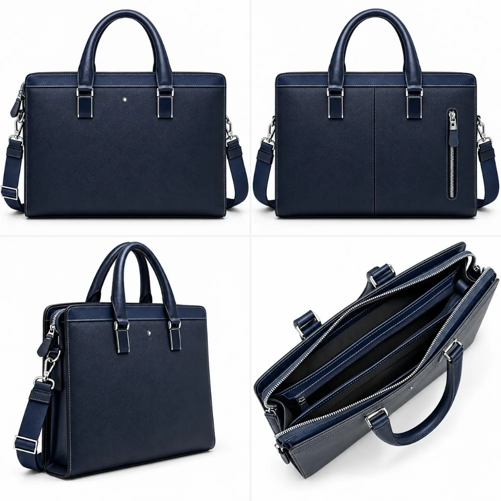 Luxury Men's Business Briefcase High Quality Leather Crossbody Shoulder Laptop Bag Professional Office Work Top-Handle Bags Blue