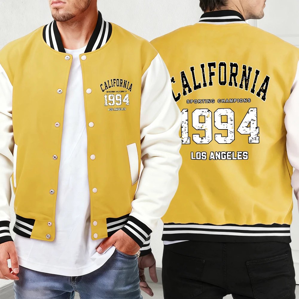 

California 1994 Printed Vintage Pocket Jackets Mens Sport Loose Baseball Jersey Street Retro Veste Autumn Button Menswear Unisex