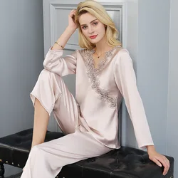 Women Mulberry Silk Pajamas Set Sleepwear Nightclothes Long Sleeve Shirt And Trousers Suit Nature Silk Casual Homewear Nightgown