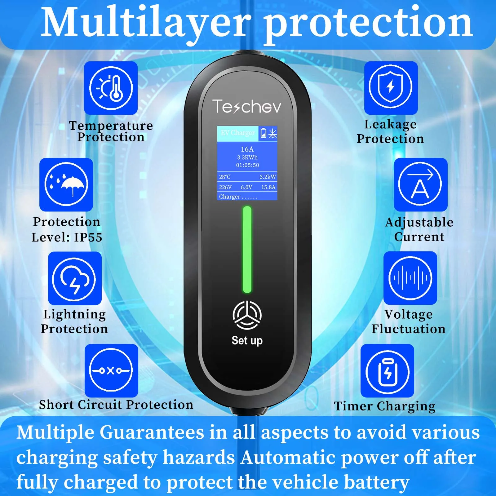 Teschev 220V 3.5KW Portable GBT EV Charger SAE J1772 Type1 IEC62196 Type2 8A 10A 16A Adjustable Current Electric Vehicle Charger