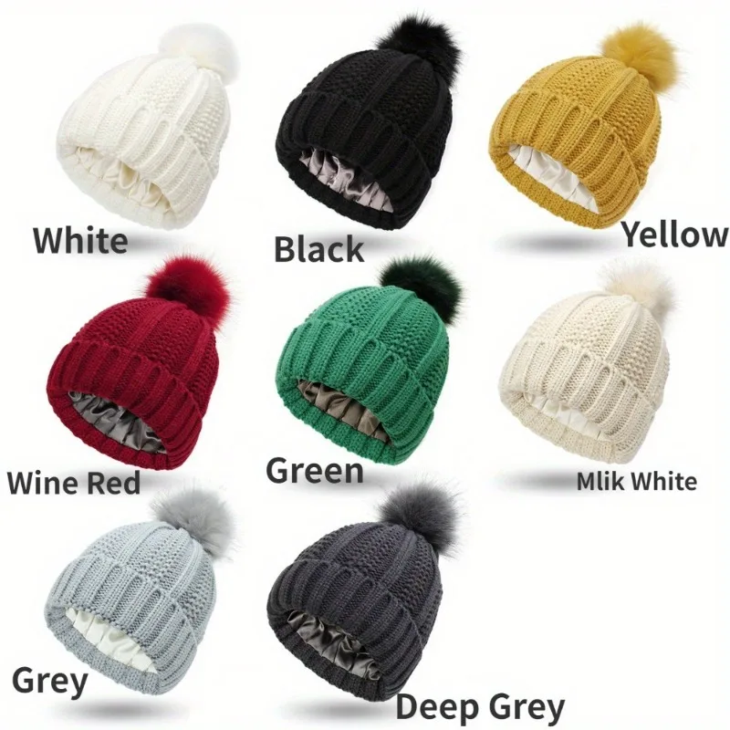 Soft Satin Lined Beanie With Pom Solid Color Knit Hats Breathable Cuffed Beanies Elastic Skull CapForWomen Girls Autumn & Winter