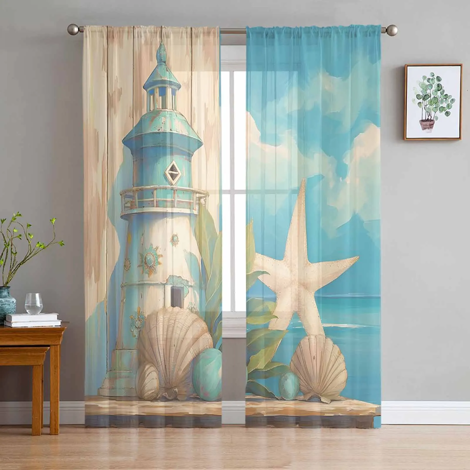 Ocean Beach Lighthouse Starfish Shell Plants Sky Sheer Curtain Living Room Drapes Home Voile Curtain Tulle Window Curtain