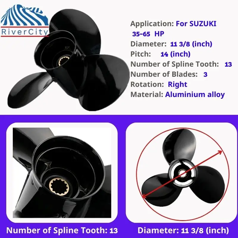 RiverCity Boat Propeller 11 3/8*14 For SUZUKI 35hp 40hp 55hp 50hp 60hp 65hp Aluminum 3 Blade 13 Tooth Outboard Engine Part