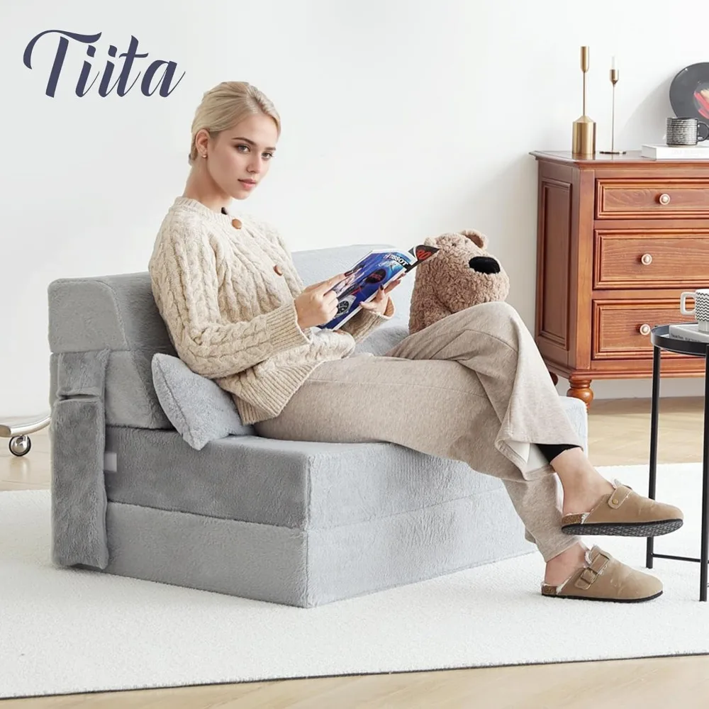 سرير أريكة فردي محمول مع وسادة وقماش قطيفة، بما في ذلك حقيبة تخزين مثالية لمساحات المعيشة واستخدام كراسي الأرضية #4